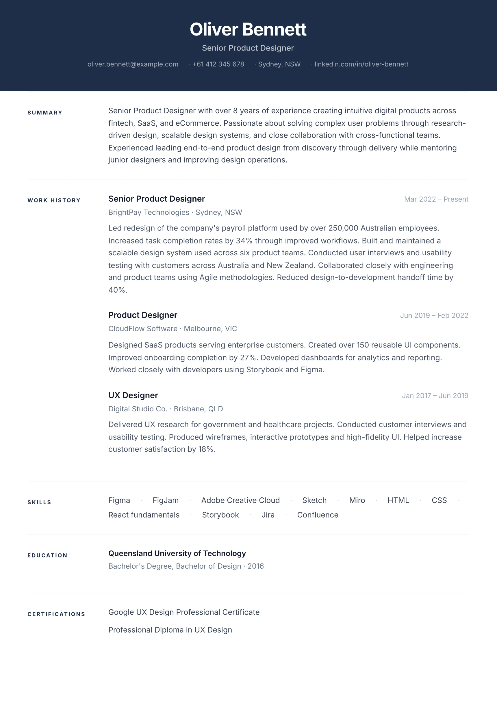 The same resume for Oliver Bennett laid out in the Introduce Professional template
